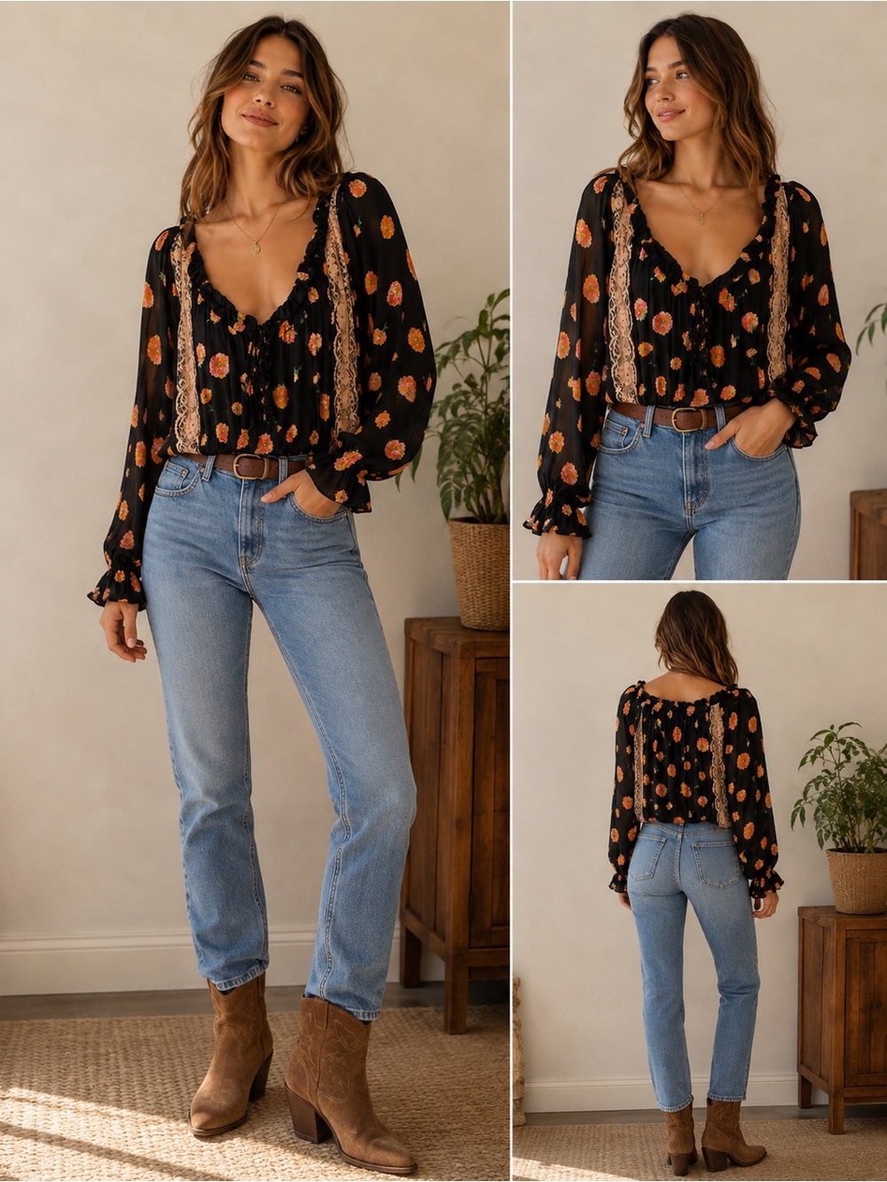Free People Black Floral Lace-Trim Long Sleeve Bodysuit